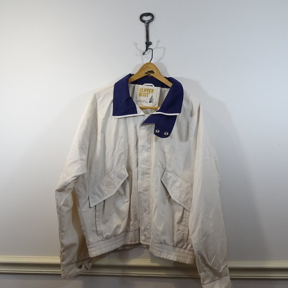 CLIPPER MIST Londontown Corp White Blue Full Zip Jacket Size L Vintage Bomber